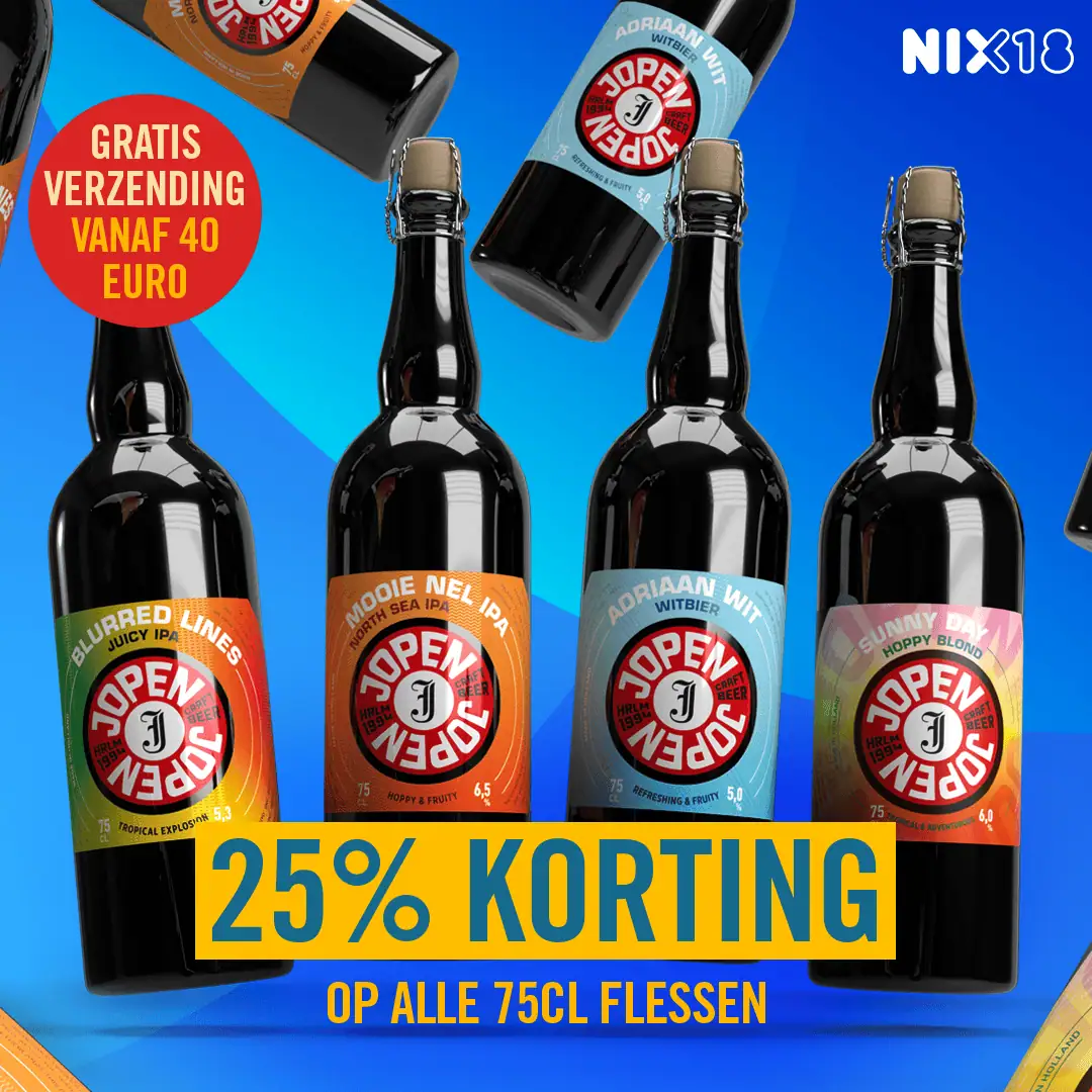 Vijf Jopen bierflesjes met kleurrijke etiketten staan rechtop op een blauwe achtergrond. Op een gele banner staat 25% KORTING OP ALLE 75CL FLESSEN. Een cirkelvormige tekst adverteert gratis verzending vanaf 40 euro.