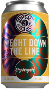 Een kleurrijk bierblikje met in grote letters het label RYEIGHT DOWN THE LINE. Op het blikje staat ook Stigbergets, Jopen, Rye Pale Ale, 5%, en 33cl, samen met gedurfde cirkelvormige grafische ontwerpen.