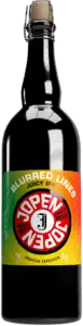 Een 75CL fles Jopen Blurred Lines NEIPA van donker glas heeft een kleurrijk rood, geel en groen etiket met de tekst "Jopen", "Blurred Lines", "Tropical Explosion" en "5,3%". De fles is voorzien van een draadsluiting.