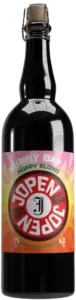 Een donker glazen bierfles met een kleurrijk etiket met de tekst SUNNY DAY HOPPY BLOND, SUPER FRENS en CRAFT BEER. Het etiket heeft heldere gele, oranje en roze kleuren en vermeldt 6,0% alcohol en 75cl.