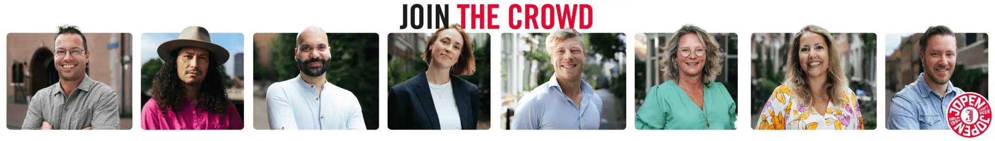 Een groep van negen verschillende mensen, lachend en poserend in de buitenlucht, wordt getoond onder de vetgedrukte tekst Join the Crowd, met THE CROWD in het rood. Rechtsonder verschijnt een rood hersenlogo.