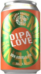 Hier volgt een herschreven zin op basis van de verstrekte productgegevens: Een oranje en groene bierblik met het opschrift „Jopen Chapter 9: Jopen DIPA Love | Double IPA“ (33 cl, 8,5%), met opvallende gele en witte tekst, waaronder „Open Chapters Craft Beer“ en „HRLM 1994“.