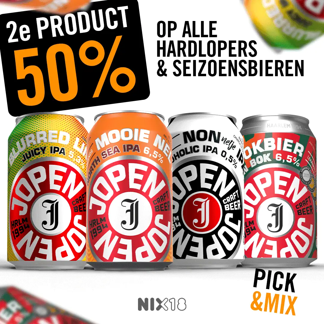 Vier blikjes Jopen-bier met daarboven een opvallend geel bordje met de tekst ‘2e product 50%’, Nederlandse tekst die verwijst naar korting op populaire en seizoensbieren, en onderaan ‘Pick & Mix’. Het NIX18-logo geeft aan dat er een leeftijdsgrens van 18+ geldt.