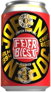 Een blikje Jopen Chapter 10: Feierbiest | Festbier met opvallende gele en zwarte afbeeldingen, rode accenten en een ambachtelijke bierhuisstijl; met op het etiket de vermelding 33 cl, 5,0%, en de afbeeldingen van Open Chapters en HRLM 1994.