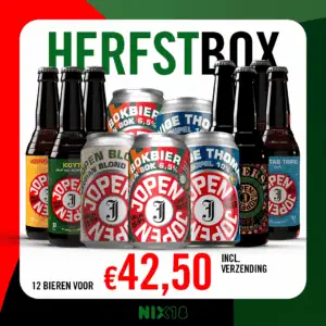 Twaalf bierflesjes en -blikjes uit de Jopen Herfstbox 2026, gerangschikt tegen een witte achtergrond, met daarboven de tekst HERFSTBOX en daaronder de prijs € 42,50.
