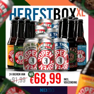 Een verzameling diverse bierflesjes en -blikjes in een Jopen Herfstbox XL 2026 met een actiebanner van € 68,99.